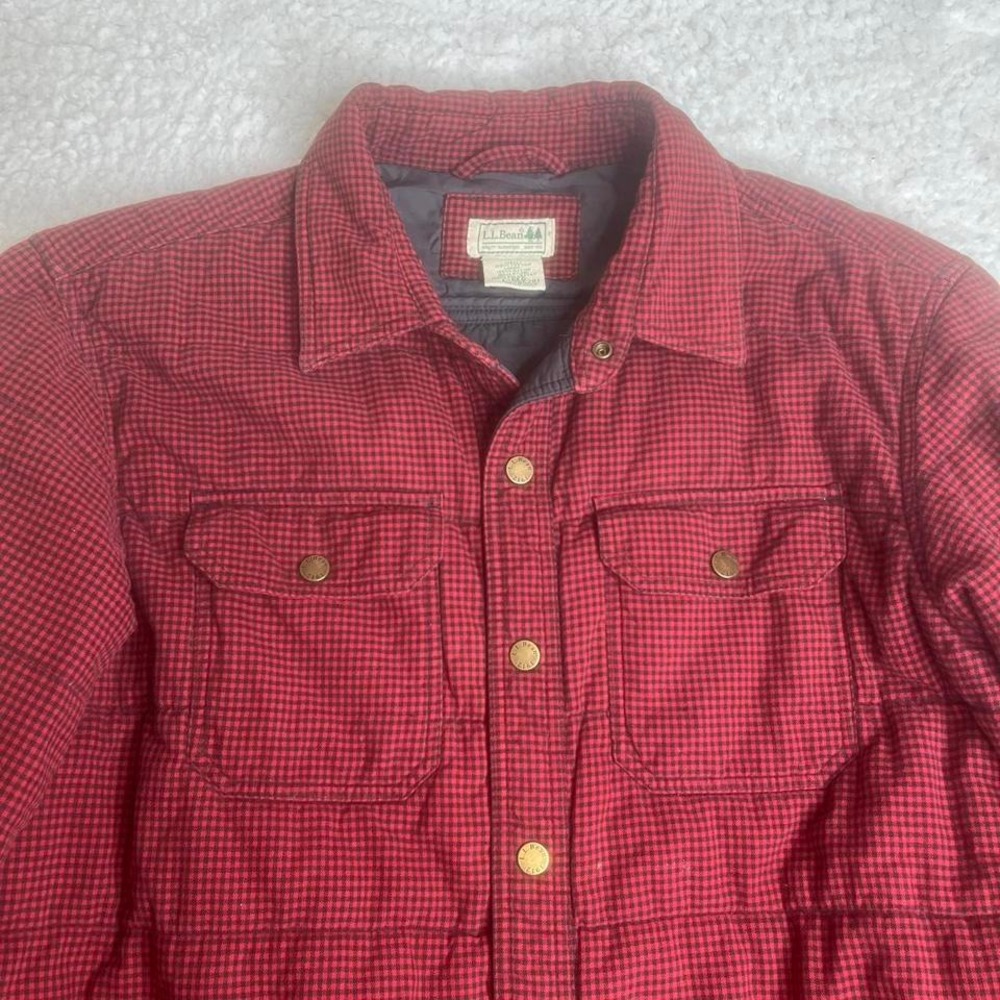Vintage L.L. Bean men's gingham‎ red button snap flannel shacket lined L